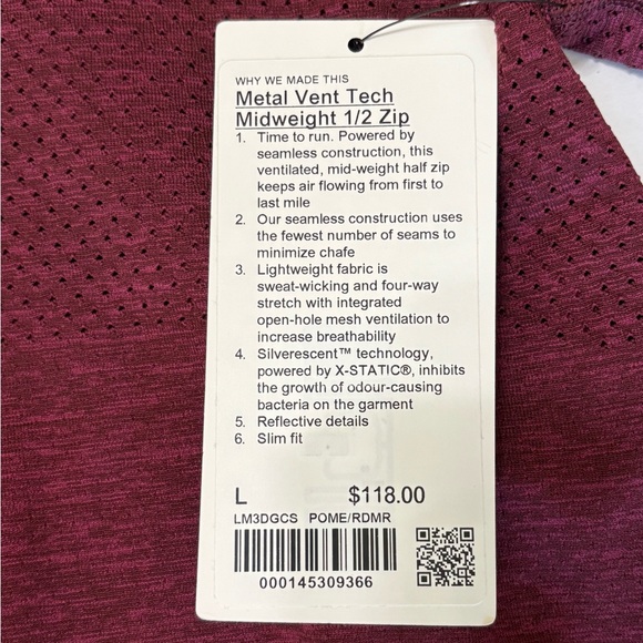 Lululemon Athletica Metal Vent Tech Midweight 1/2 Zip Size Large NWT - Picture 4 of 6